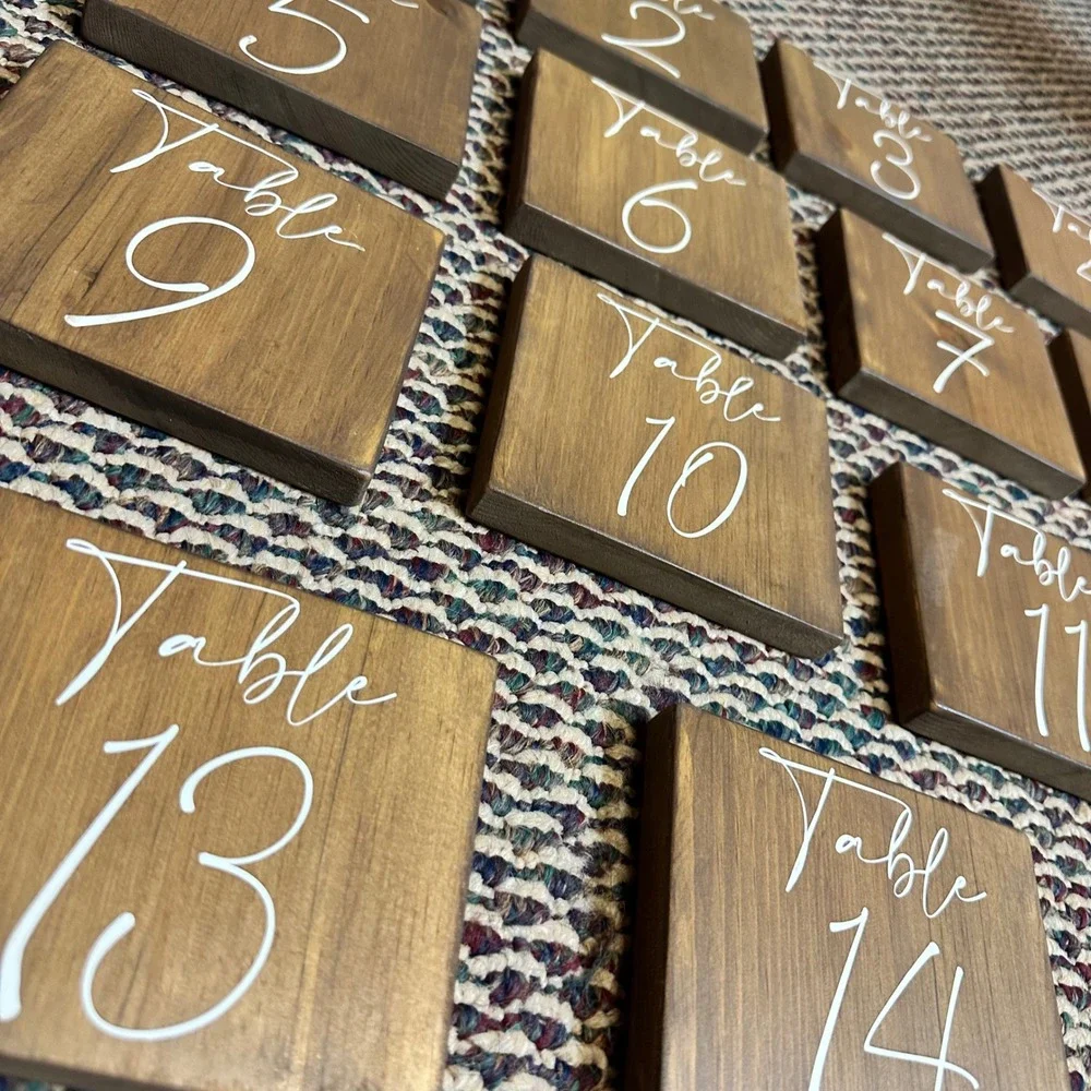 Rustic Wood Wedding Table Numbers 1-15 Brown Walnut Stain White Script Set of 15